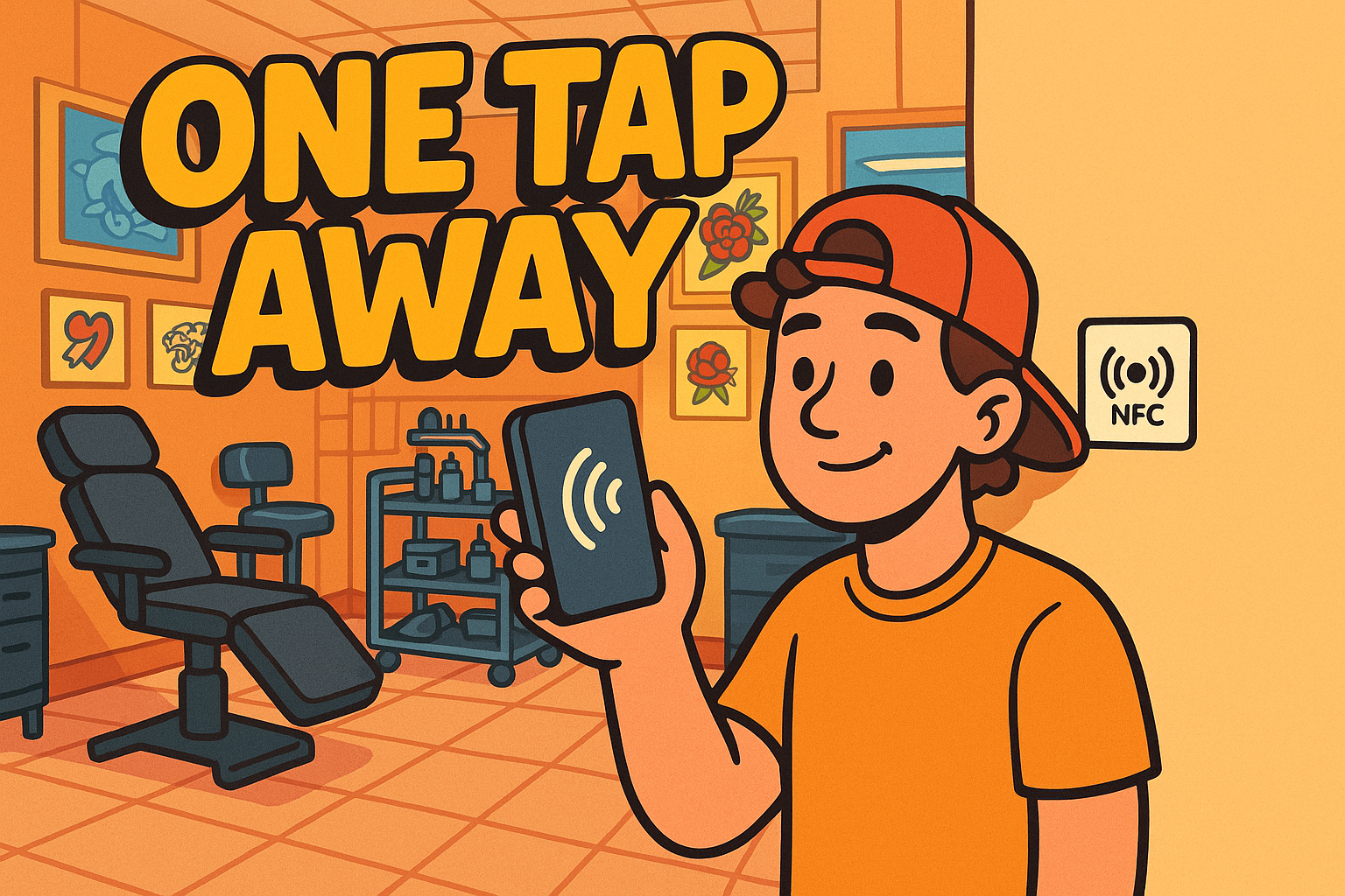 can you make me a cartoon themed picture of someone in tattoo shop putting their phone up to a small nfc tag sticker on the wall and the backround words are one tap away
