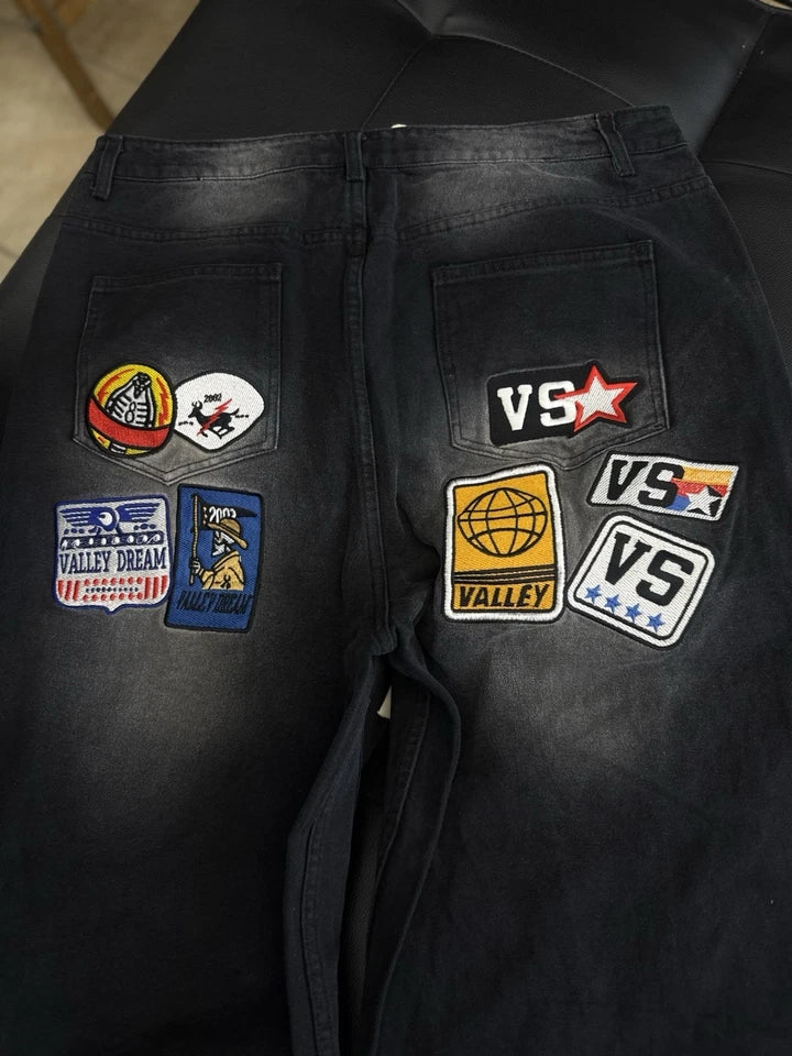 Valley Baggy Patchwork Denim Black Jeans