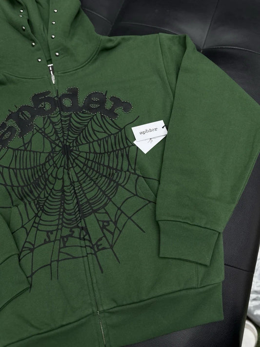 Sp5der Worldwide Green Zip Up Studded Hoodie