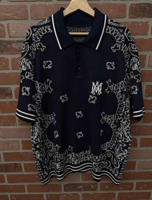 Amiri Bandana Short Sleeve Polo Shirt Blue Dress Style