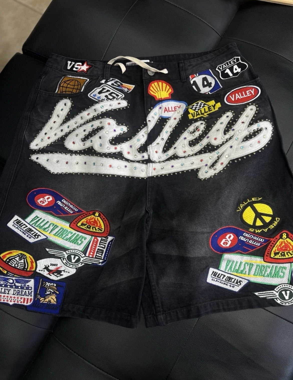 Valley Black Denim Patchwork Shorts