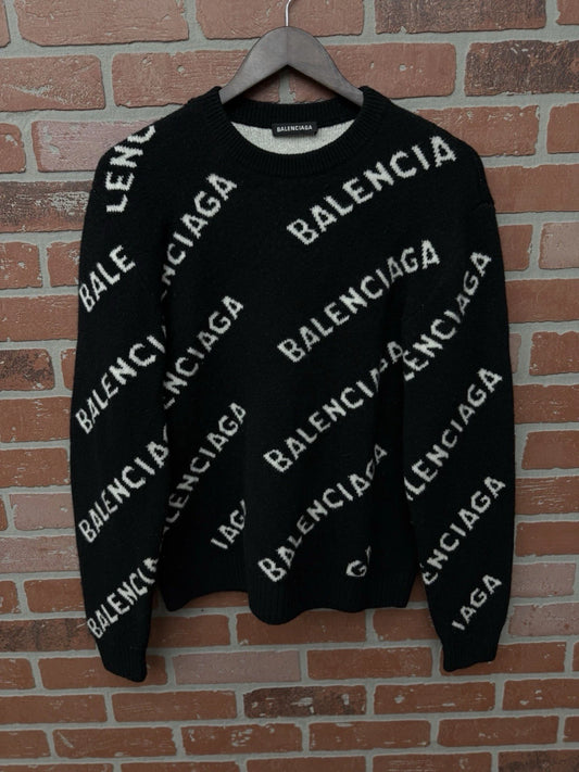 Balenciaga Black Allover Logo Oversized Wool Jumper Sweater