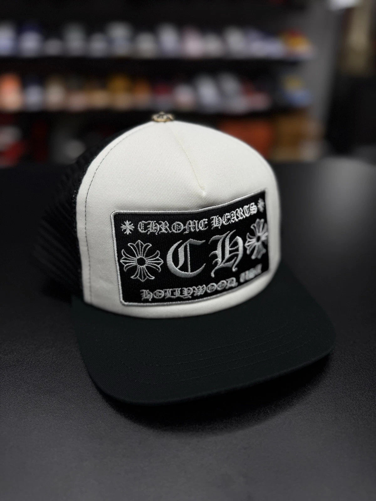 Chrome Hearts Black Patch Trucker Hollywood White Hat
