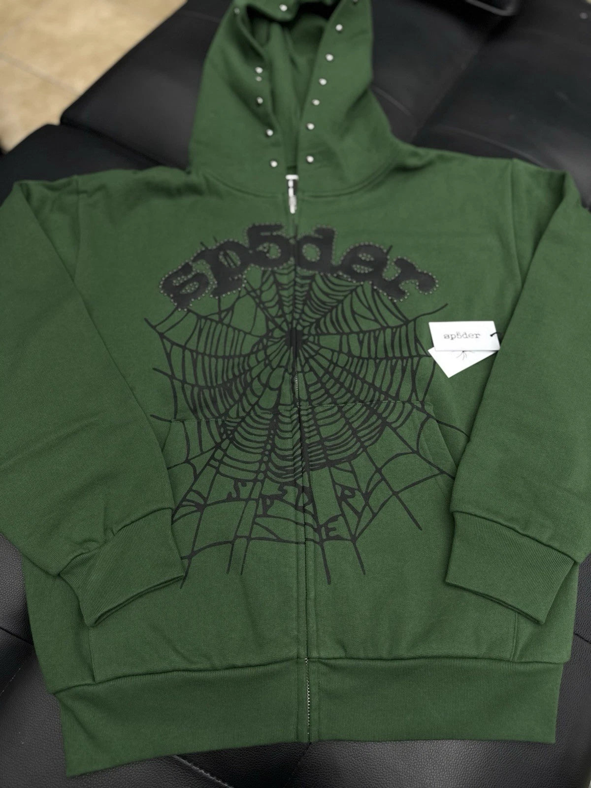 Sp5der Worldwide Green Zip Up Studded Hoodie