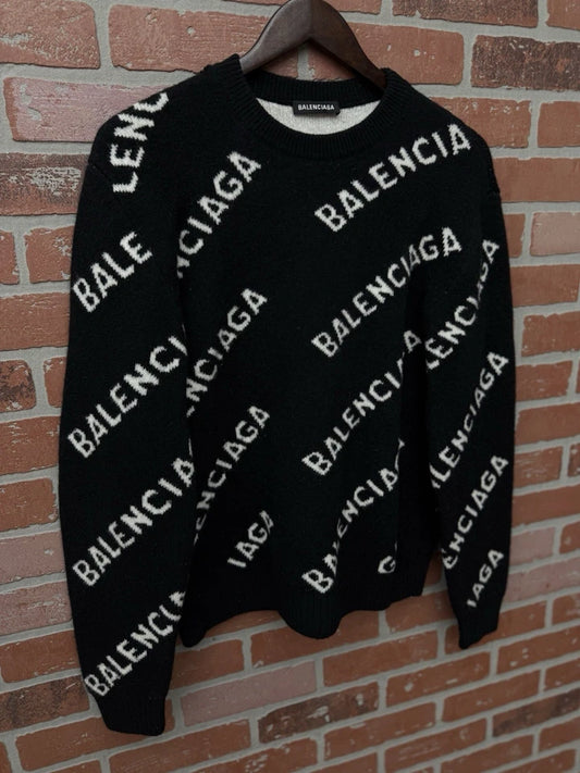 Balenciaga Black Allover Logo Oversized Wool Jumper Sweater