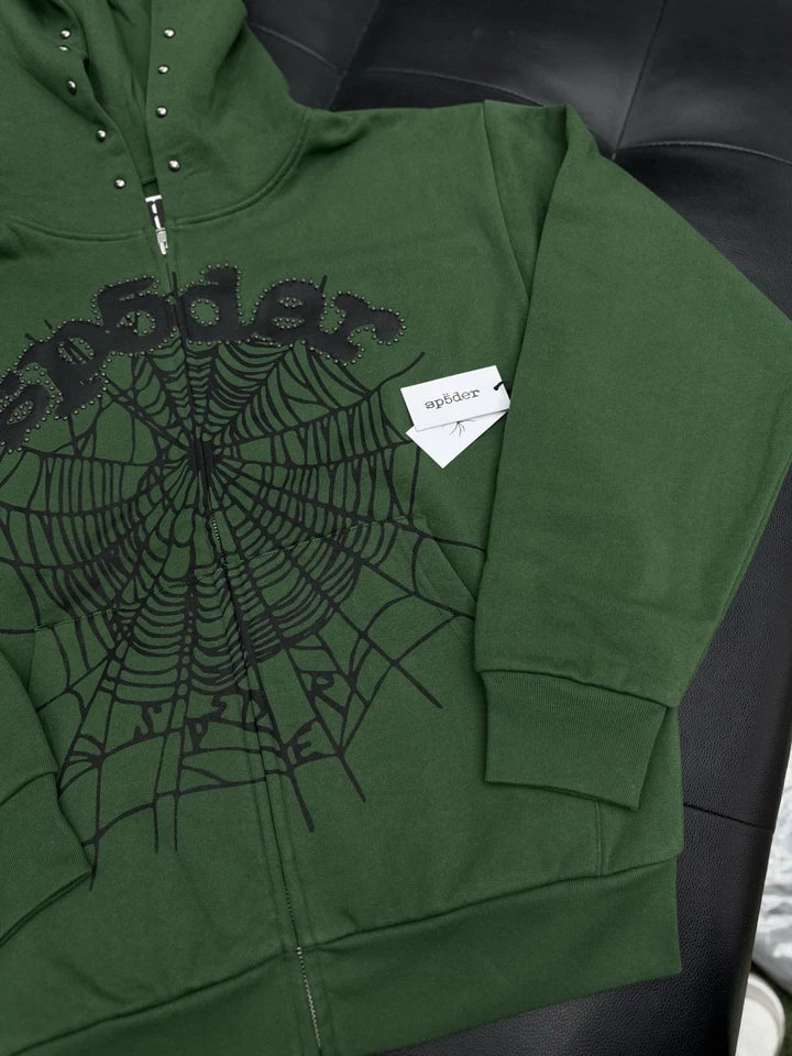 Sp5der Worldwide Green Zip Up Studded Hoodie